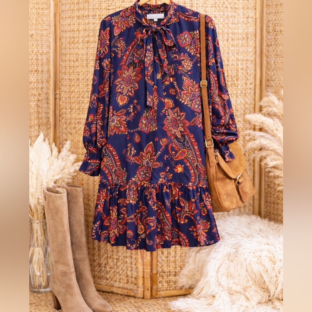 LOFT Paisley Tie Neck Mini Dress Navy Red Boho Ruffle Hem Size M